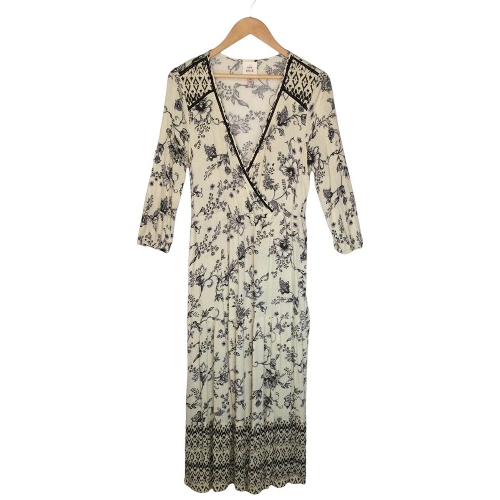 Knox Rose Floral Maxi Crochet V Neck Long Sleeve Dress Navy Cream M
